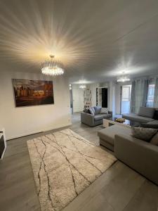 een woonkamer met een bank en een tapijt bij Central Apartment with 3 bedrooms in Norrköping