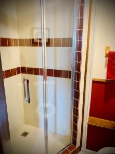 um chuveiro com uma porta de vidro na casa de banho em Chalet & Gîte Capitainerie du Passant em Grandes-Piles