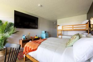 a bedroom with a bed and a flat screen tv at Hotel McCoy - Art, Libations, Pool Society in College Station