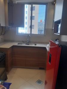 uma cozinha com um lavatório e uma janela em Céntrico y Cómodo departamento VIP em La Paz
