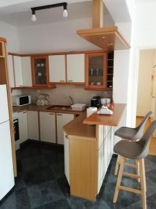 uma cozinha com armários de madeira e uma bancada em Andros Breeze em Batsi
