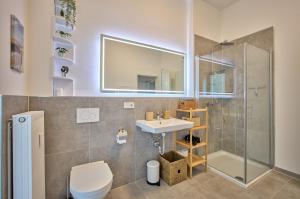 a bathroom with a toilet and a sink and a shower at Charmante Altbremer Wohnung I Wintergarten I Küche I Balkon in Bremen