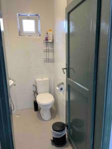 Łazienka z toaletą i szklanymi drzwiami prysznicowymi w obiekcie Denize 2 km Manzaralı ve Ferah 2+0 Daire (Konum Eşelek Köyü) w mieście Gokceada