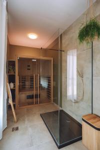 La salle de bains est pourvue d'une douche et d'une paroi en verre. dans l'établissement Iris Croatica J - deluxe apartment with shared pool, à Oroslavje