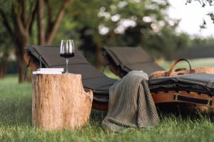 ein Glas Wein auf einem Stumpf neben einem Tisch in der Unterkunft Iris Croatica J - deluxe apartment with shared pool in Oroslavje