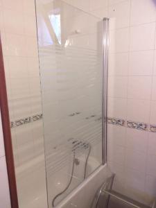 een douche met een glazen deur in de badkamer bij El Relax de Sanabria in Trefacio