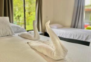 two swans made out of towels on a bed at Carey Lodging in Tortuguero