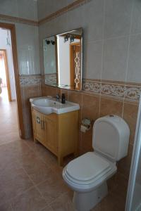 uma casa de banho com um WC, um lavatório e um espelho. em Vivenda Godinho na Nazaré