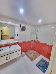 y baño con ducha, lavabo y azulejos rojos. en Grand Appart T5 avec Grande terrasse vue sur Mer en Brarat