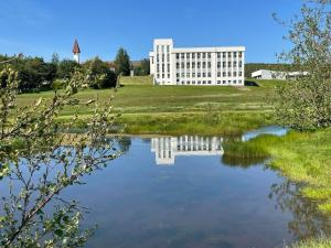 a building with a pond in front of it at Holt Villa in Reykholt