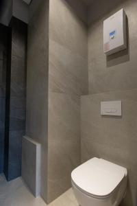 a bathroom with a white toilet in a room at Ostróda City Center PKO lake apartments balcony in Ostróda