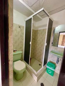 a bathroom with a green toilet and a sink at Hotel Los Balcones in Tocaima