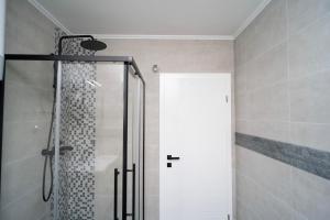 a shower with a glass door in a bathroom at Sunset View Apartments in Mostar +28 photos