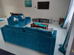 a living room with two blue couches and a tv at Beautiful House in Ruislip in Northwood