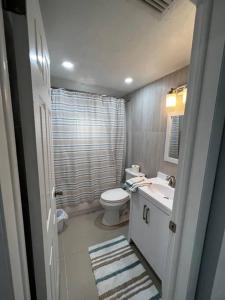 uma pequena casa de banho com WC e lavatório em Comfy 2 bedroom apartment em Port Richey