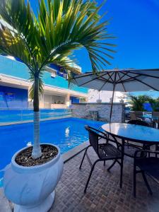 a palm tree sitting next to a table with an umbrella at Pousada Maresia Costa Azul in Rio das Ostras