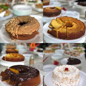 a collage of different cakes and pastries on plates at Pousada Maresia Costa Azul in Rio das Ostras