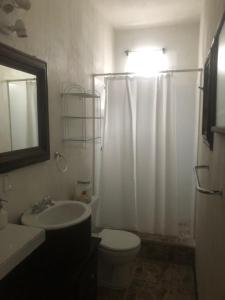 a bathroom with a toilet and a sink and a shower at Maru's House in Guadalajara