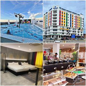 a collage of photos of a hotel and a pool at Sri Indar Hotel & Suites in Parit Buntar