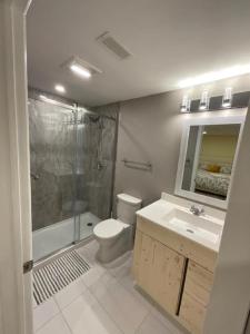 een badkamer met een toilet, een douche en een wastafel bij Beautiful Unit in Nepean Ottawa in Ottawa
