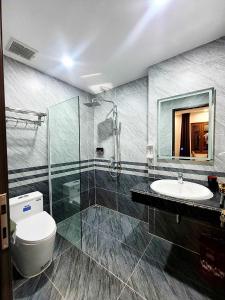 a bathroom with a toilet and a sink and a mirror at Swan Motel in Ha Long