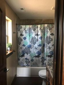 a bathroom with a shower curtain with a toilet at The Maple Retreat in Garden City