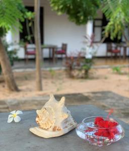 una mesa con concha y un bol de frutas en The Danish Villa Resort, en Arugam Bay