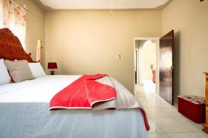 a bedroom with a large bed with a red blanket on it at Cozy Locale - Gold in Port Antonio
