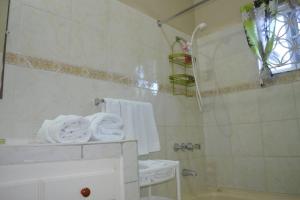 a bathroom with a sink and a shower with towels at Cozy Locale - Gold in Port Antonio