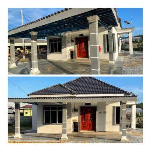 duas imagens de uma casa grande com portas vermelhas em Jaudyne Homestay em Porto Dickson