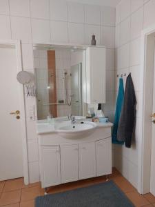 La salle de bains est pourvue d'un lavabo blanc et d'un miroir. dans l'établissement Stilvolle Ferienwohnung im Eichsfeld, à Niederorschel