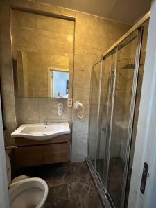 a bathroom with a shower and a sink and a toilet at Nest HOTEL Sisli in Istanbul