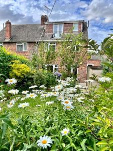 um jardim com flores brancas em frente a uma casa em Family home in Hampshire - Sleeps up to 9 people with 3 parking spaces em Winchester