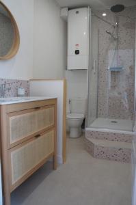 a bathroom with a shower and a sink and a toilet at La wim’ au bord de l’eau in Wimereux +8 photos
