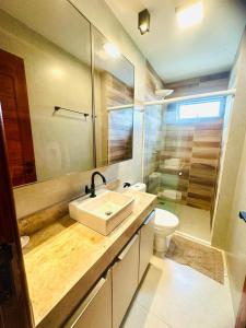 a bathroom with a sink and a toilet and a mirror at Apartamento aconchegante in Bananeiras