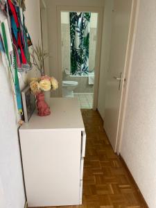 a white cabinet in a hallway with a bathroom at Room only for women ! Uniquement pour femmes 
