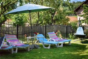 a group of chairs and a table with an umbrella at Bradutul de la Munte in Bran