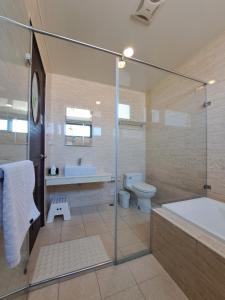 a bathroom with a shower and a tub and a toilet at Sunrise Inari B&B in Dongshan