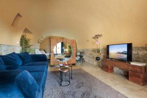 a living room with a blue couch and a tv at Le Mas Lauralie in Méjannes-lès-Alès