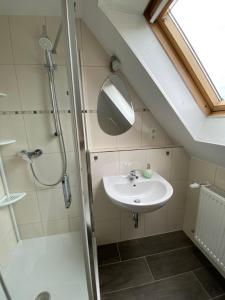 a bathroom with a sink and a shower at DG Apartament in Bersenbrück