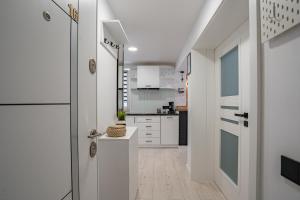 a kitchen with white cabinets and a white door at Holiday in Alba Iulia