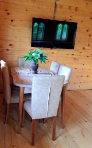 Wooden House Garetke في باتومي: طاولة خشبية عليها كراسي وزرع