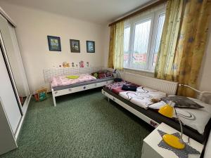 Habitación pequeña con 2 camas y ventana en Apartmány MK u MODRÉ KOČKY, en Nové Hrady