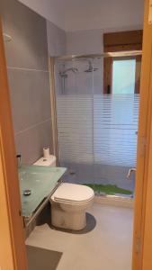 a bathroom with a toilet and a glass shower at El balcón de Cuadros in Bedmar
