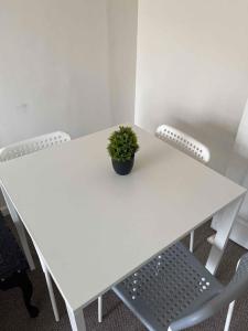 a white table and chairs with a potted plant on it at Centralized Complete 3 BR Flat at Newcastle-Under-Lyme with a View-Free Parking in Newcastle under Lyme