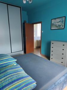 1 dormitorio con paredes azules, 1 cama y vestidor en Alfa 2 apartament 4, en Bystra