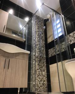 a bathroom with a shower and a sink at Bafas Apartments in Plataria