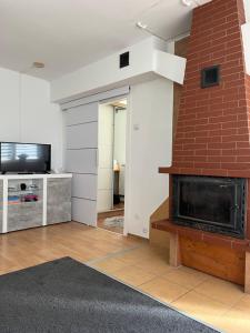 a living room with a fireplace and a tv at Brzozowe zacisze 