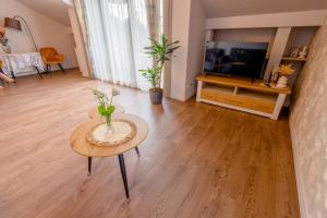 a living room with a table and a tv at Dēseles dzirnavas - Guest House in Embūte