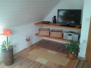 eine Ecke eines Zimmers mit einem Fernseher auf einem Regal in der Unterkunft Ferienwohnung Klute in Allendorf